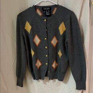 Escada Charcoal Cardigan with Orange and Yellow Diamond Pattern